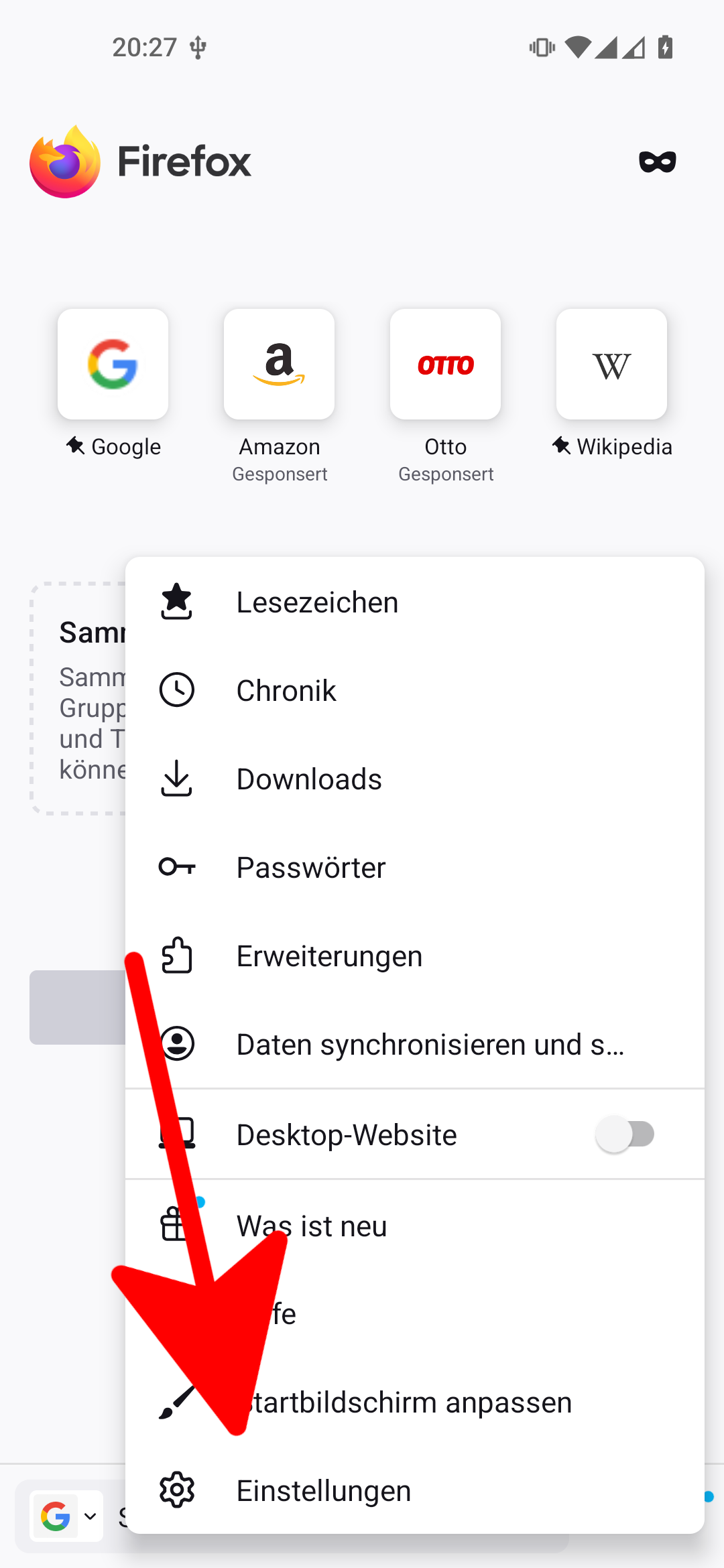 Firefox Android App Startbildschirm mit geöffnetem Menü im Vordergrund. Ein roter Pfeil zeigt auf den Button 'Einstellungen'.