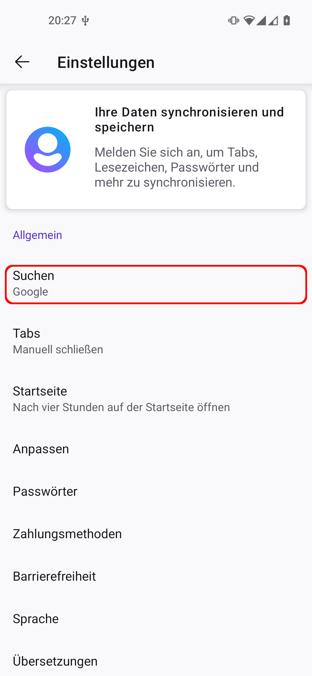 Firefox Android App Einstellungen. Der Menüpunkt 'Suchen' ist rot umrandet.