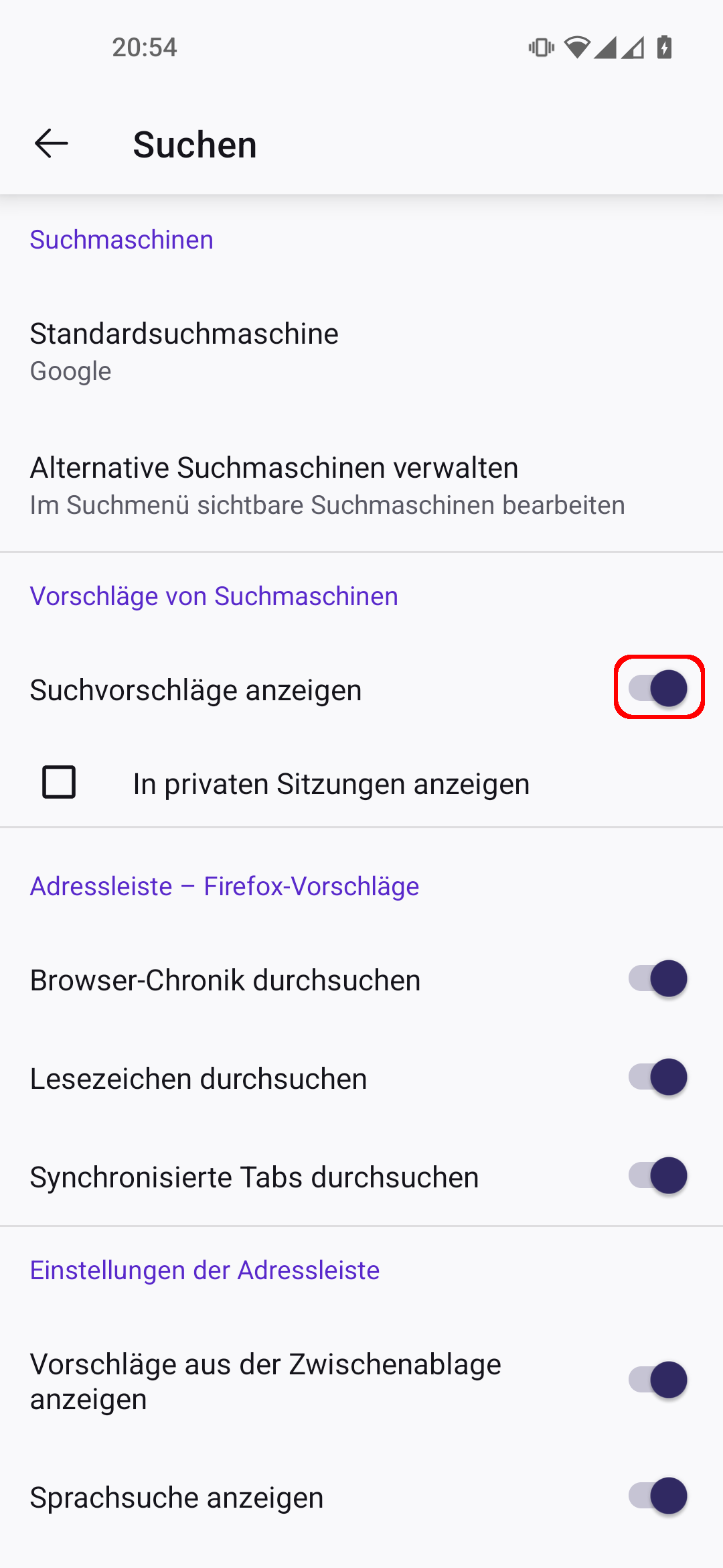 Firefox Android App Einstellungen, Menüpunkt 'Suchen'. Der An-Aus-Schalter beim Punkt 'Suchvorschläge anzeigen' ist rot umrandet.