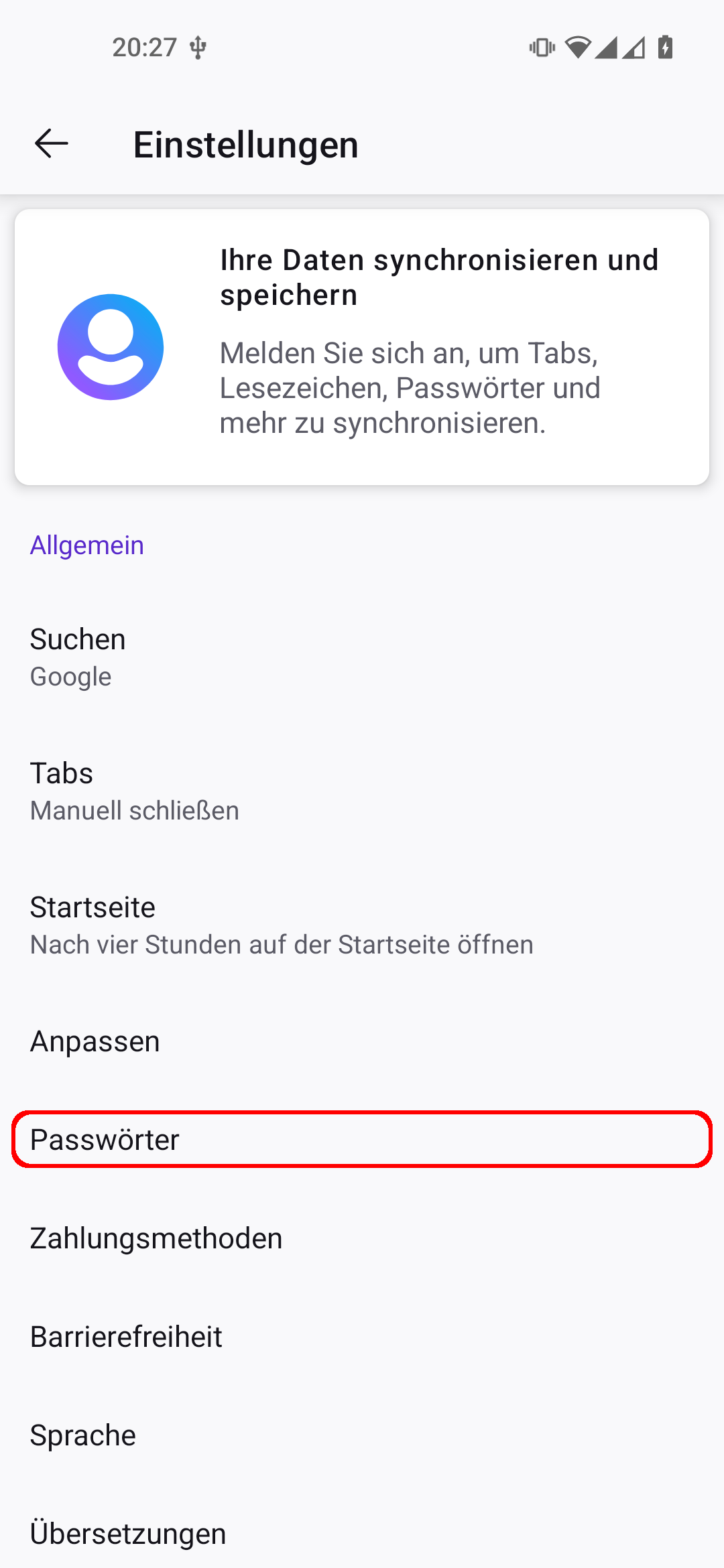 Firefox Android App Einstellungen. Der Menüpunkt 'Passwörter' ist rot umrandet.