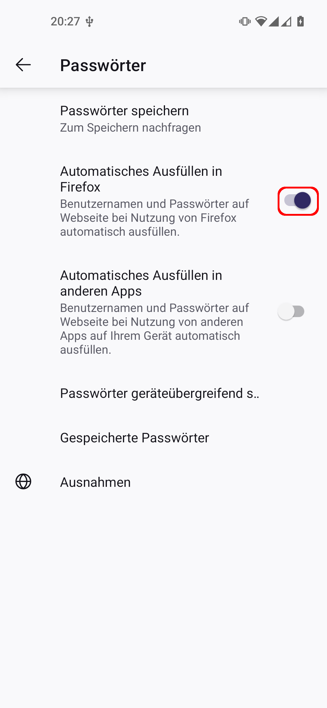 Firefox Android App Einstellungen, Menüpunkt 'Passwörter'. Der An-Aus-Schalter beim Punkt 'Automatisches Ausfüllen in Firefox' ist rot umrandet.