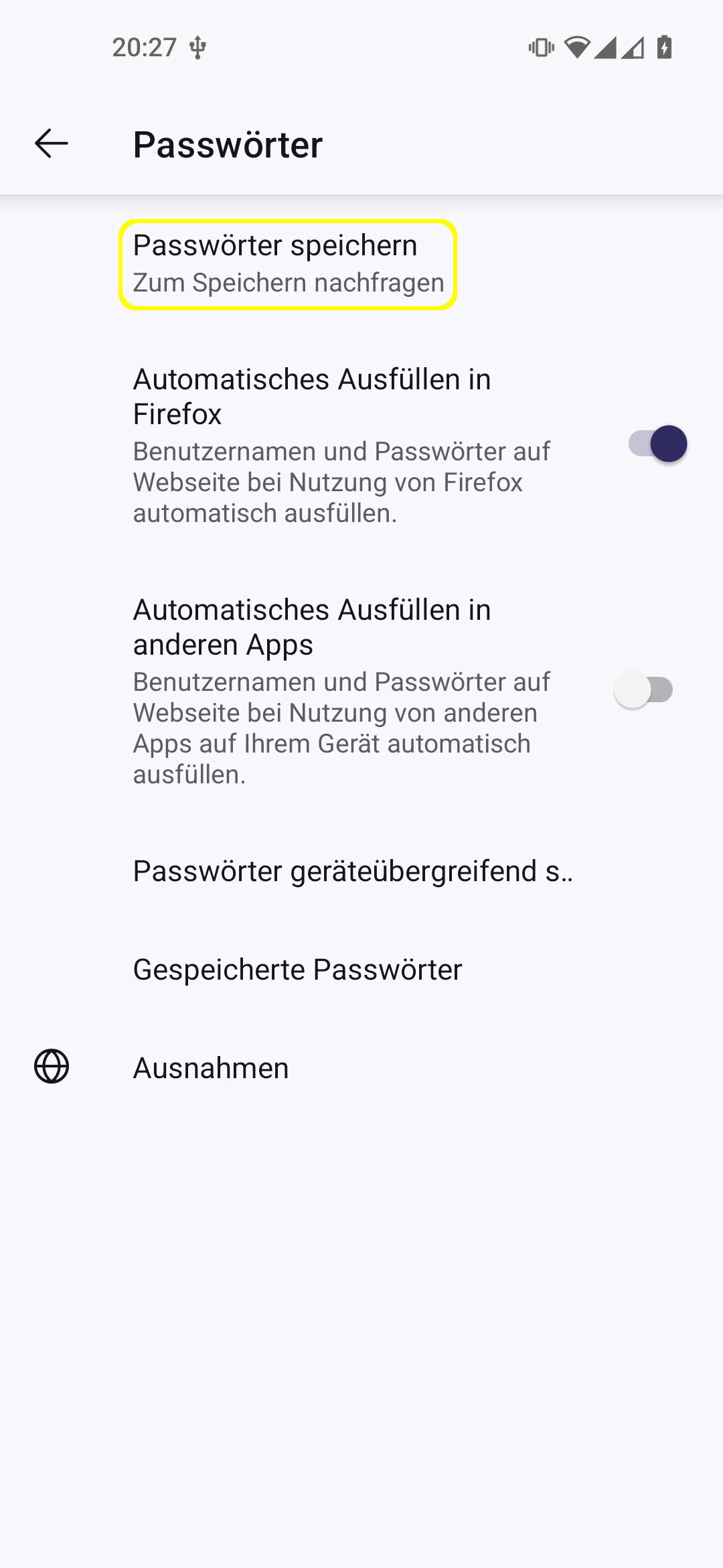 Firefox Android App Einstellungen, Menüpunkt 'Passwörter'. Der Menüpunkt 'Passwörter speichern' ist gelb umrandet.