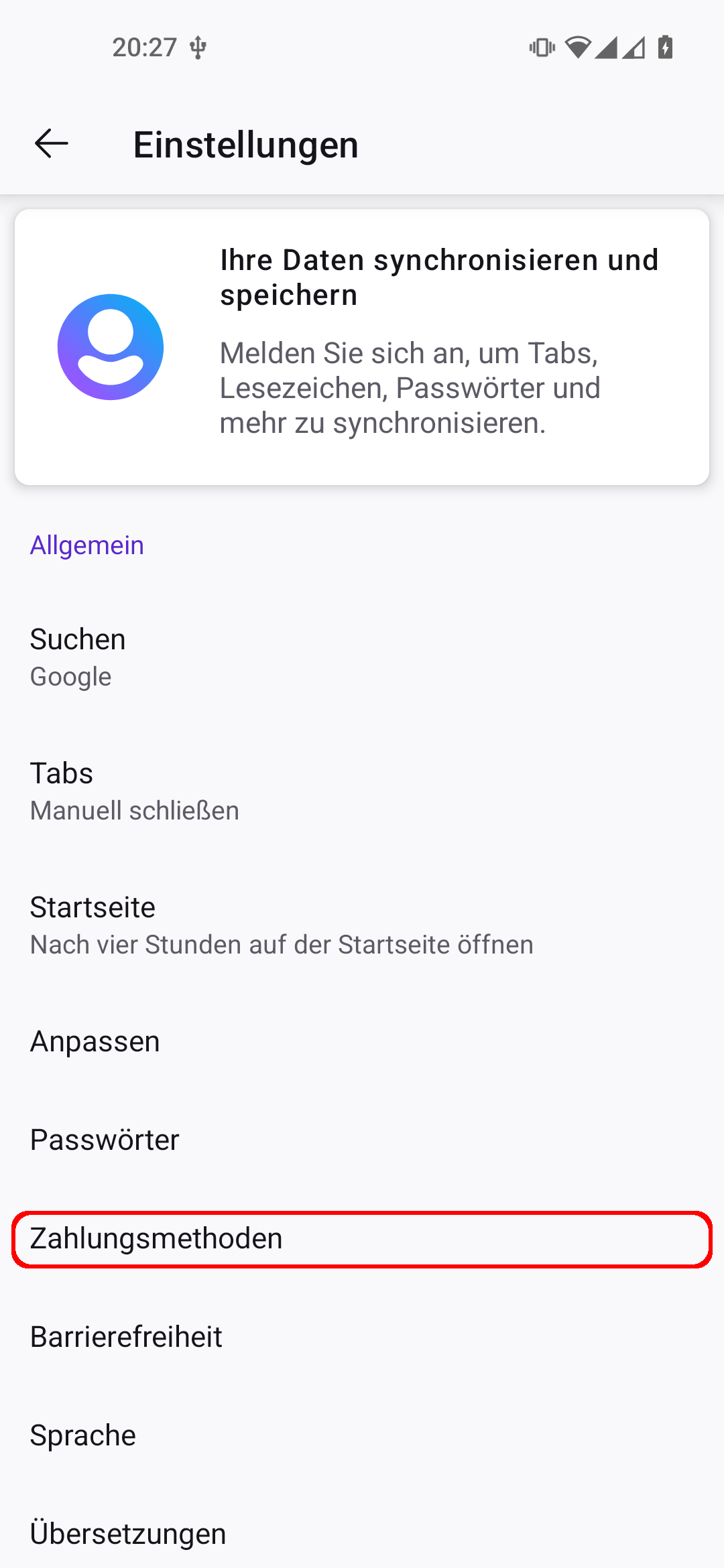 Firefox Android App Einstellungen. Der Menüpunkt 'Zahlungsmethoden' ist rot umrandet.