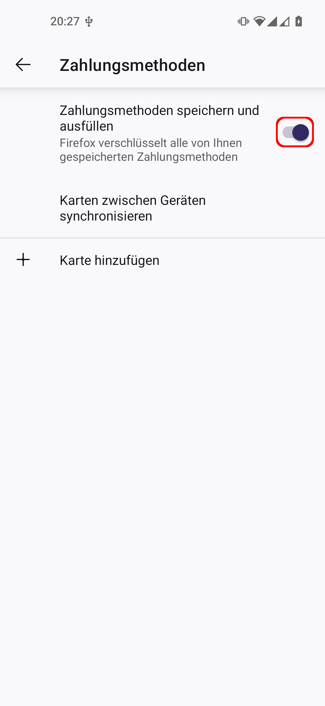 Firefox Android App Einstellungen, Menüpunkt 'Zahlungsmethoden'. Der An-Aus-Schalter beim Punkt 'Zahlungsmethoden speichern und ausfüllen' ist rot umrandet.