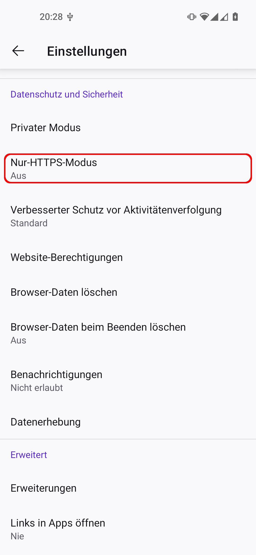 Firefox Android App Einstellungen. Der Menüpunkt 'Nur-HTTPS-Modus' ist rot umrandet.