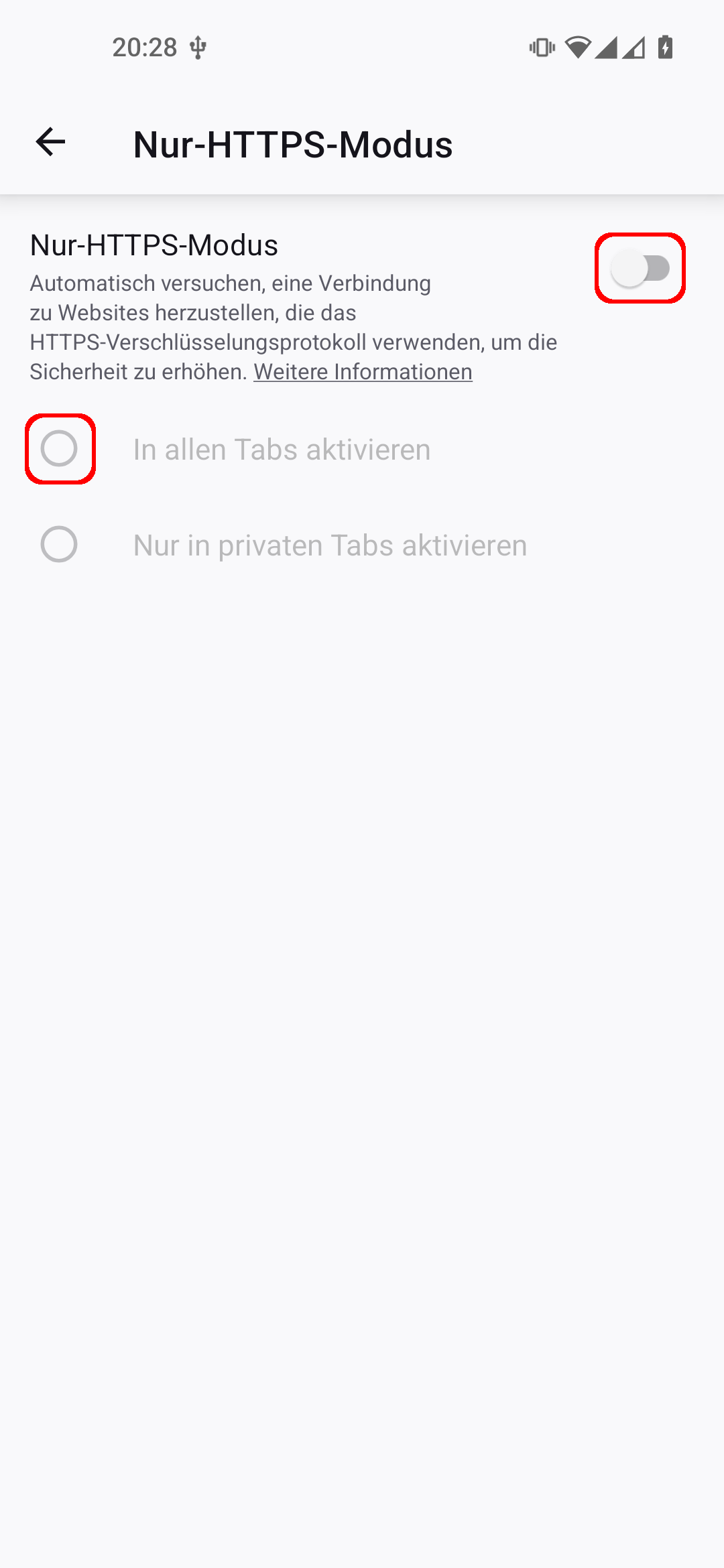 Firefox Android App Einstellungen, Menüpunkt 'Nur-HTTPS-Modus'. Der An-Aus-Schalter beim Punkt 'Nur-HTTPS-Modus' und die ausgegraute Checkbox 'In allen Tabs aktivieren' darunter sind rot umrandet.