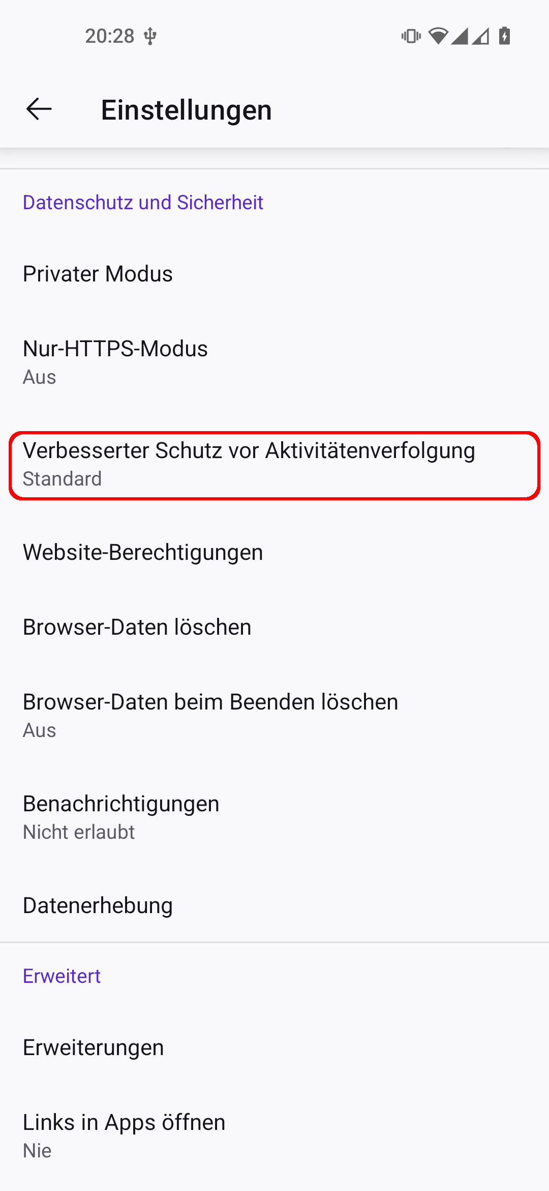 Firefox Android App Einstellungen. Der Menüpunkt 'Verbesserter Schutz vor Aktivitätenverfolgung' ist rot umrandet.