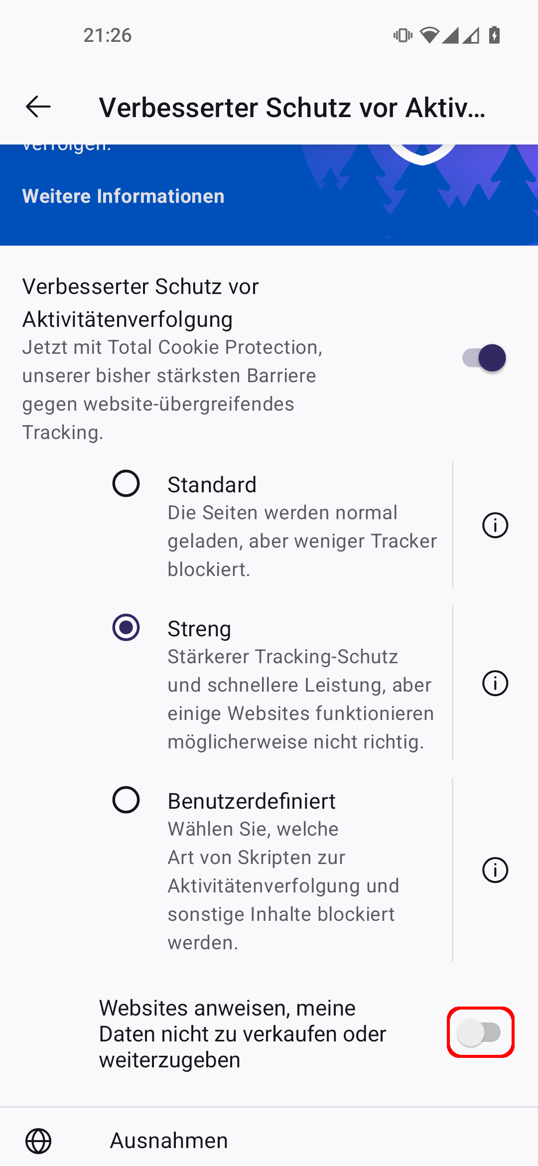 Firefox Android App Einstellungen, Menüpunkt 'Verbesserter Schutz vor Aktivitätenverfolgung'. Die Checkbox 'Streng' ist aktiviert. Der Schalter 'Websites anweisen, meine Daten nicht zu verkaufen oder weiterzugeben' ist rot umrandet.