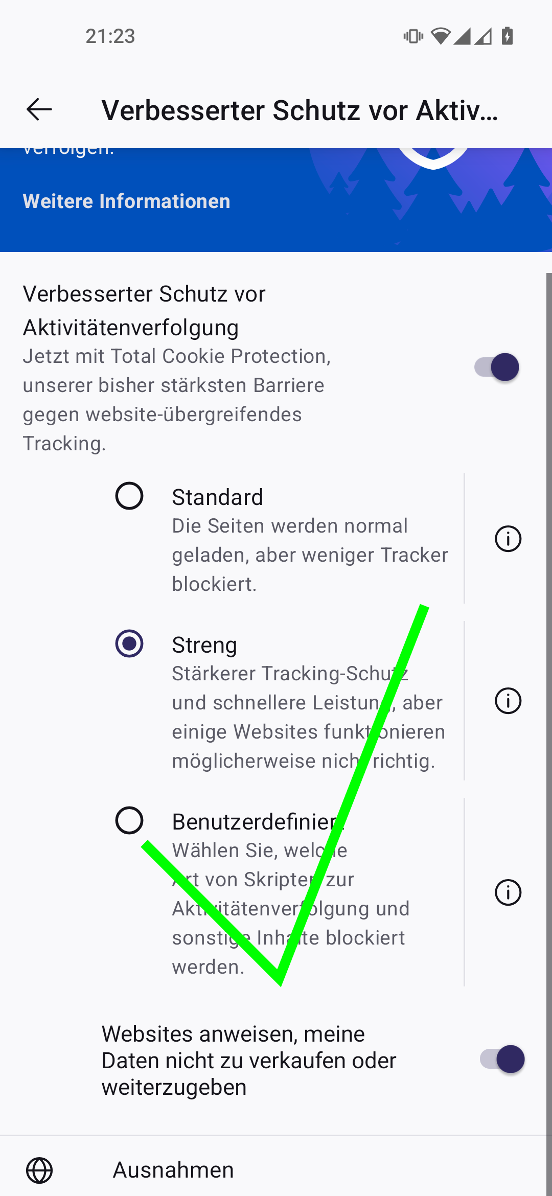 Firefox Android App Einstellungen, Menüpunkt 'Verbesserter Schutz vor Aktivitätenverfolgung'. Der Schalter 'Websites anweisen, meine Daten nicht zu verkaufen oder weiterzugeben' ist aktiviert. Ein grüner Pfeil liegt über den Einstellungen.