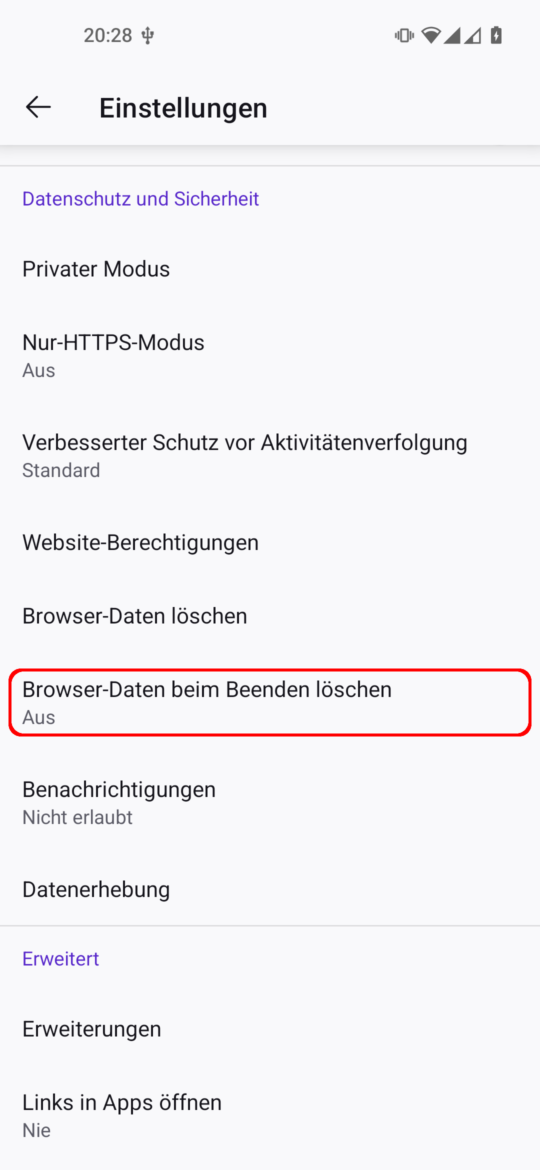 Firefox Android App Einstellungen. Der Menüpunkt 'Browser-Daten beim Beenden löschen' ist rot umrandet.