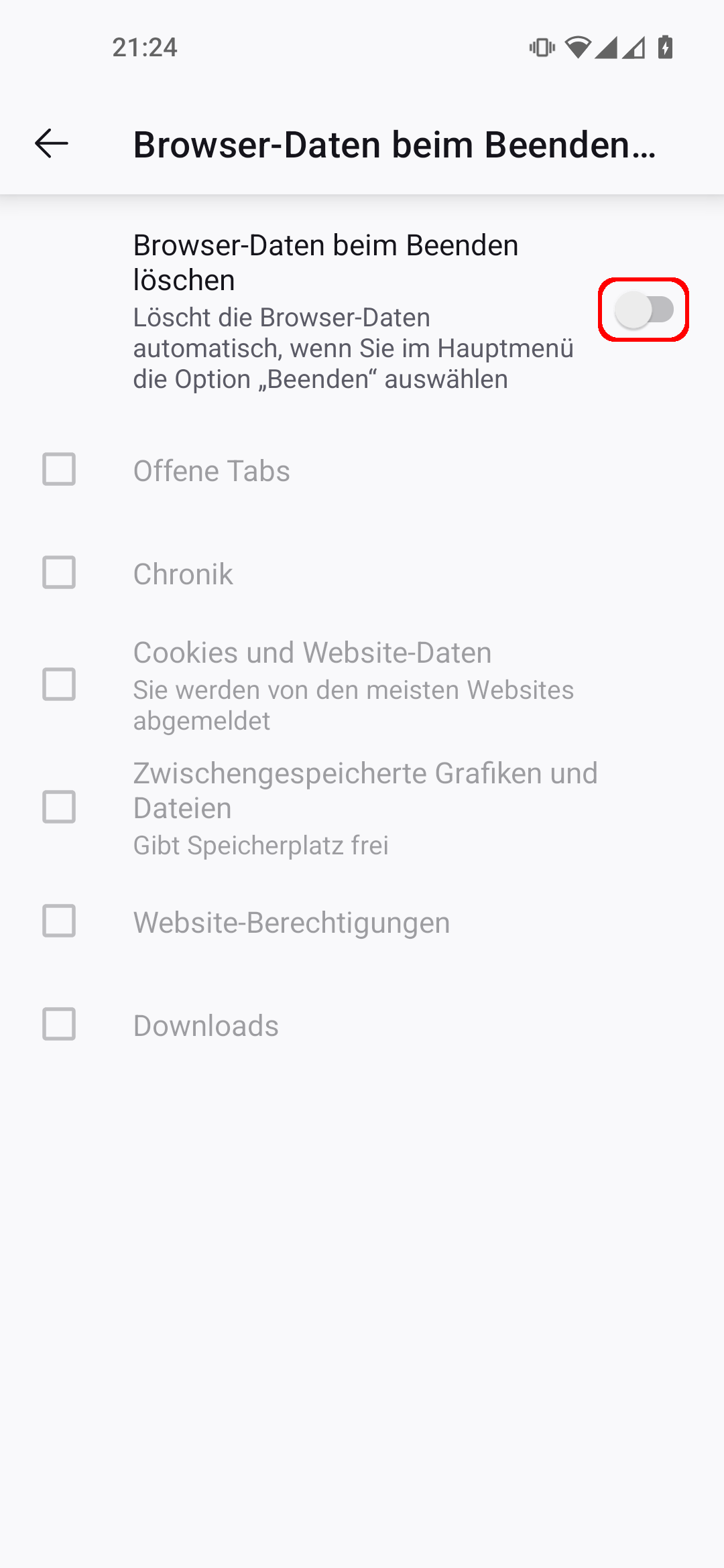 Firefox Android App Einstellungen, Menüpunkt 'Browser-Daten beim Beenden löschen'. Die Checkbox 'Browser-Daten beim Beenden löschen' ist rot umrandet.