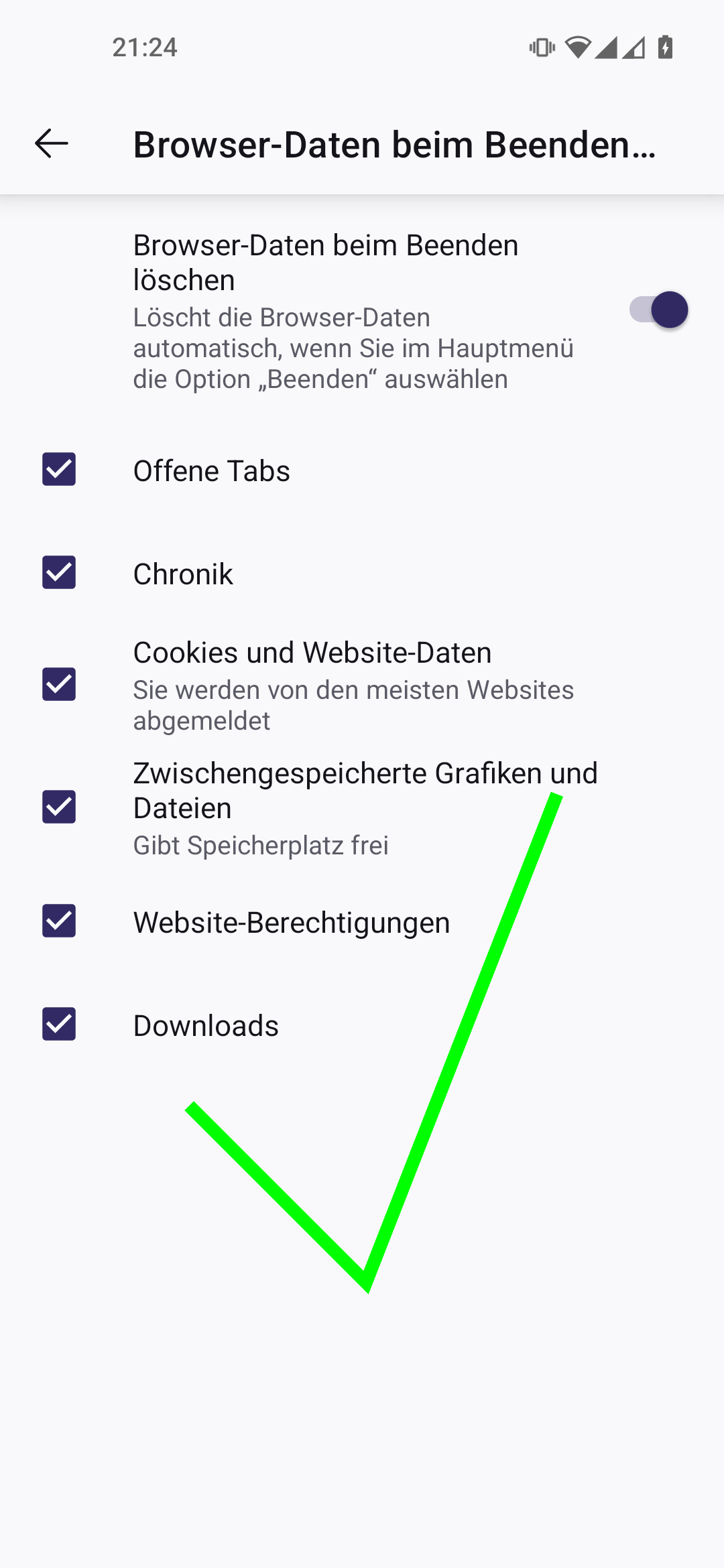 Firefox Android App Einstellungen, Menüpunkt 'Browser-Daten beim Beenden löschen'. Die Checkbox 'Browser-Daten beim Beenden löschen' ist rot umrandet.