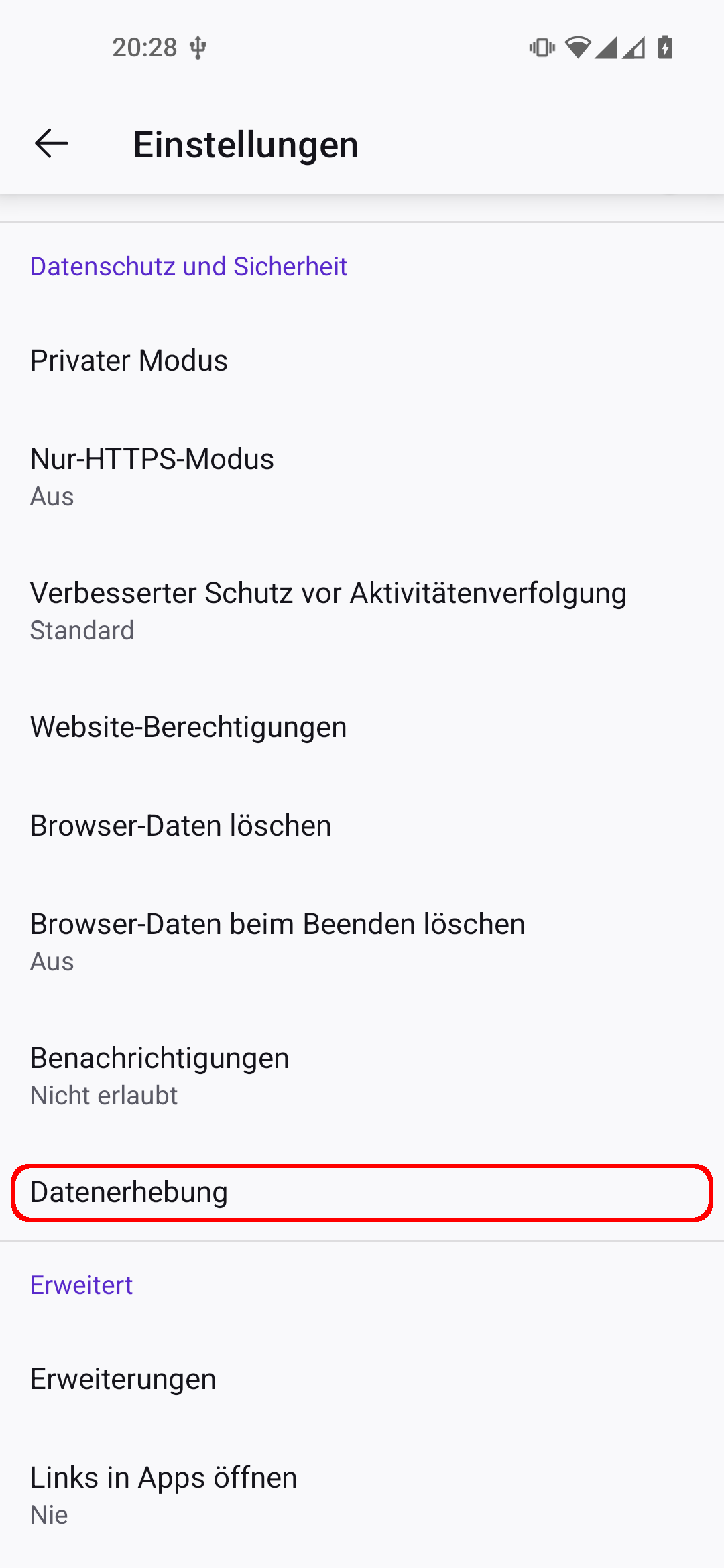 Firefox Android App Einstellungen. Der Menüpunkt 'Datenerhebung' ist rot umrandet.