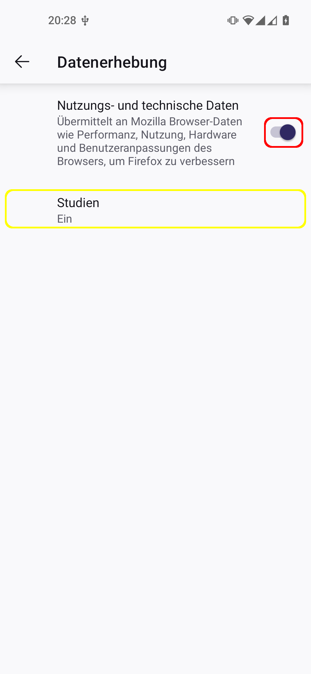 Firefox Android App Einstellungen, Menüpunkt 'Datenerhebung'. Die Checkbox 'Nutzungs- und technische Daten' ist rot umrandet. Der Untermenüpunkt 'Studien' ist gelb umrandet.
