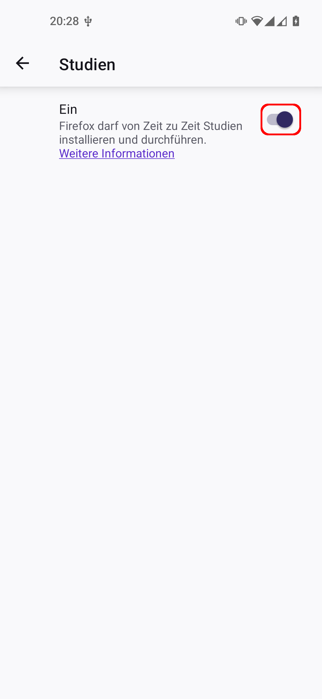 Firefox Android App Einstellungen, Unter-Menüpunkt 'Studien'. Der Schalter 'Ein' ist rot umrandet.