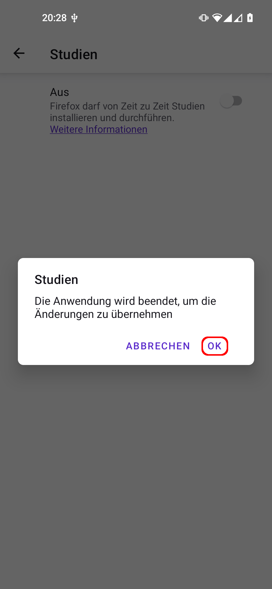 Firefox Android App Einstellungen, Unter-Menüpunkt 'Studien'. Ein Pop-Up liegt über dem Menü: 'Studien; Die Anwendung wird beendet, um die Aenderungen zu übernehmen.' Darunter ist der Knopf 'OK' rot umrandet.