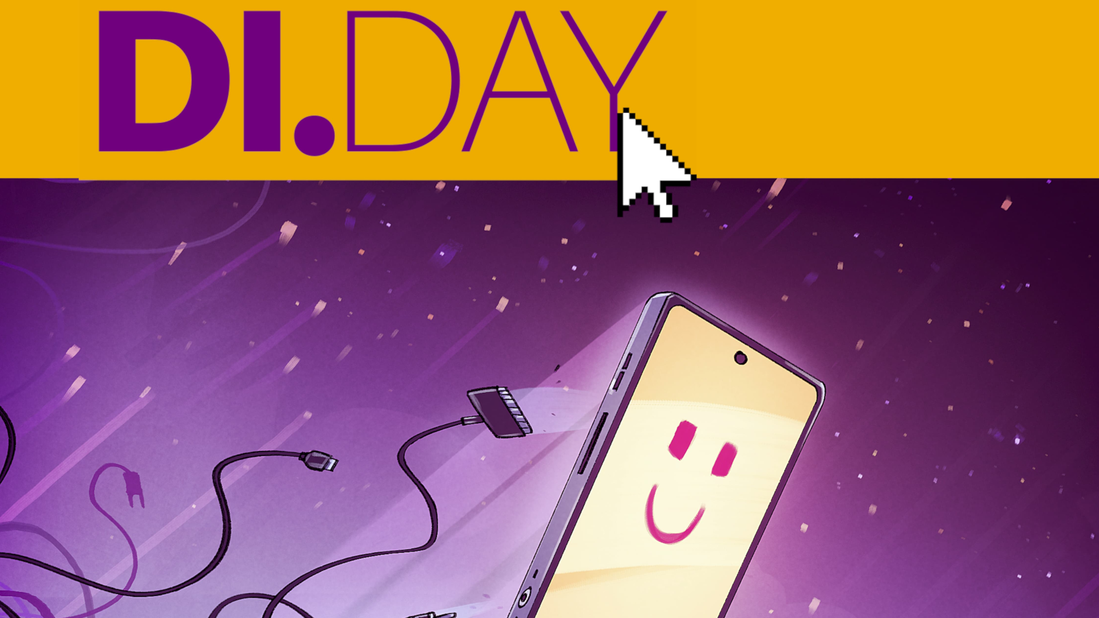 Lila Schriftzug 'DI.DAY auf dunkelgelbem Grund. Darunter Zeichnung eines Smartphones mit Smiley-Gesicht, das vor Kabeln in einen lilafarbenen Nachthimmel flieht.
