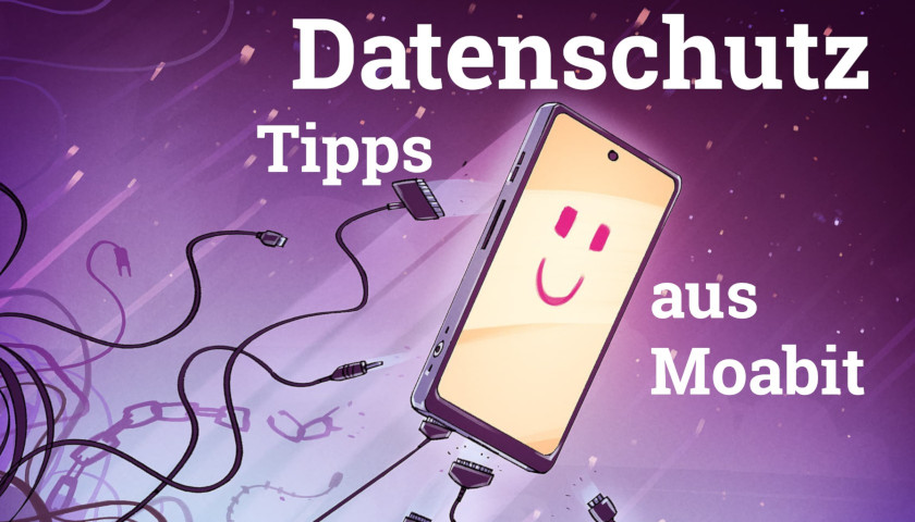 Datenschutz Tipps aus Moabit, Grafik: lächelndes Smartphone, das sich von seinen Kabeln losreist und ins All entschwebt.