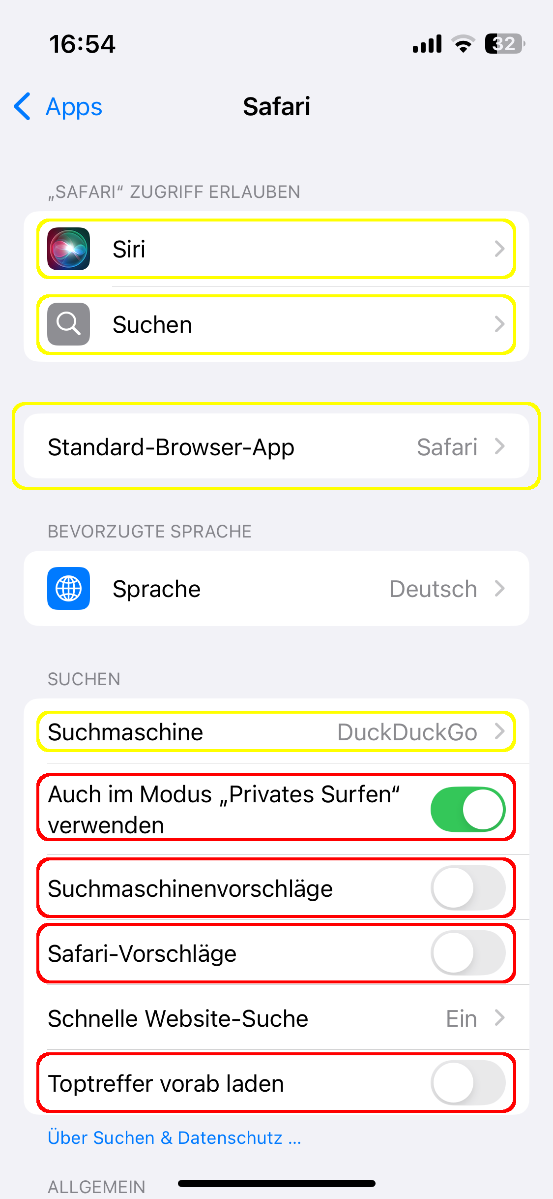 iOS-Einstellungen - Safari. Die Menüpunkte 'Siri', 'Suchen', 'Standard-Browser-App' und Suchmaschine sind gelb umrandet. Und die Optionen 'Auch im Modus Privates Surfen verwenden', 'Suchmaschinenvorschläge', 'Safari-Vorschläge', 'Toptreffer vorab laden' sind rot umrandet.