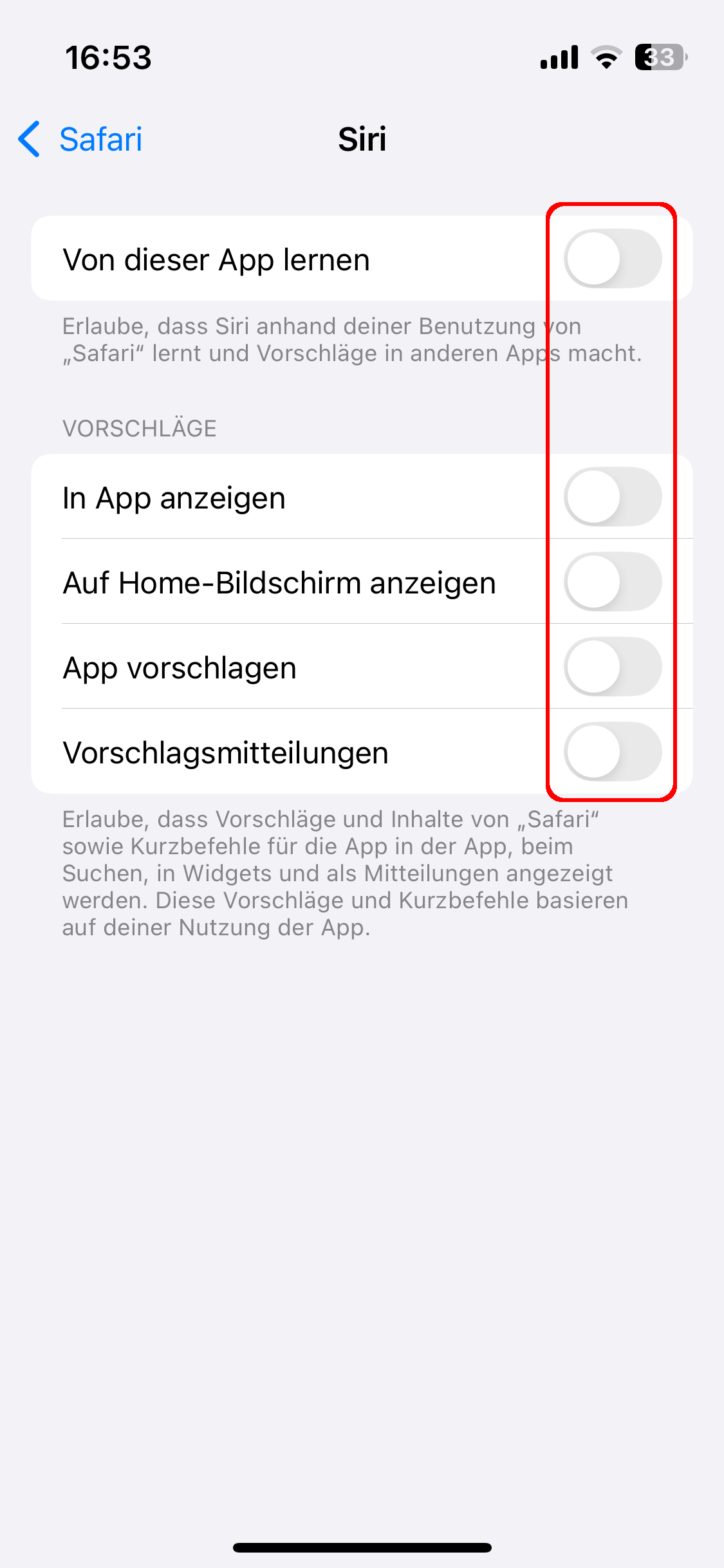 iOS-Einstellungen - Safari, Unterpunkt Siri. Alle Optionen sind rot umrandet und ausgeschaltet.