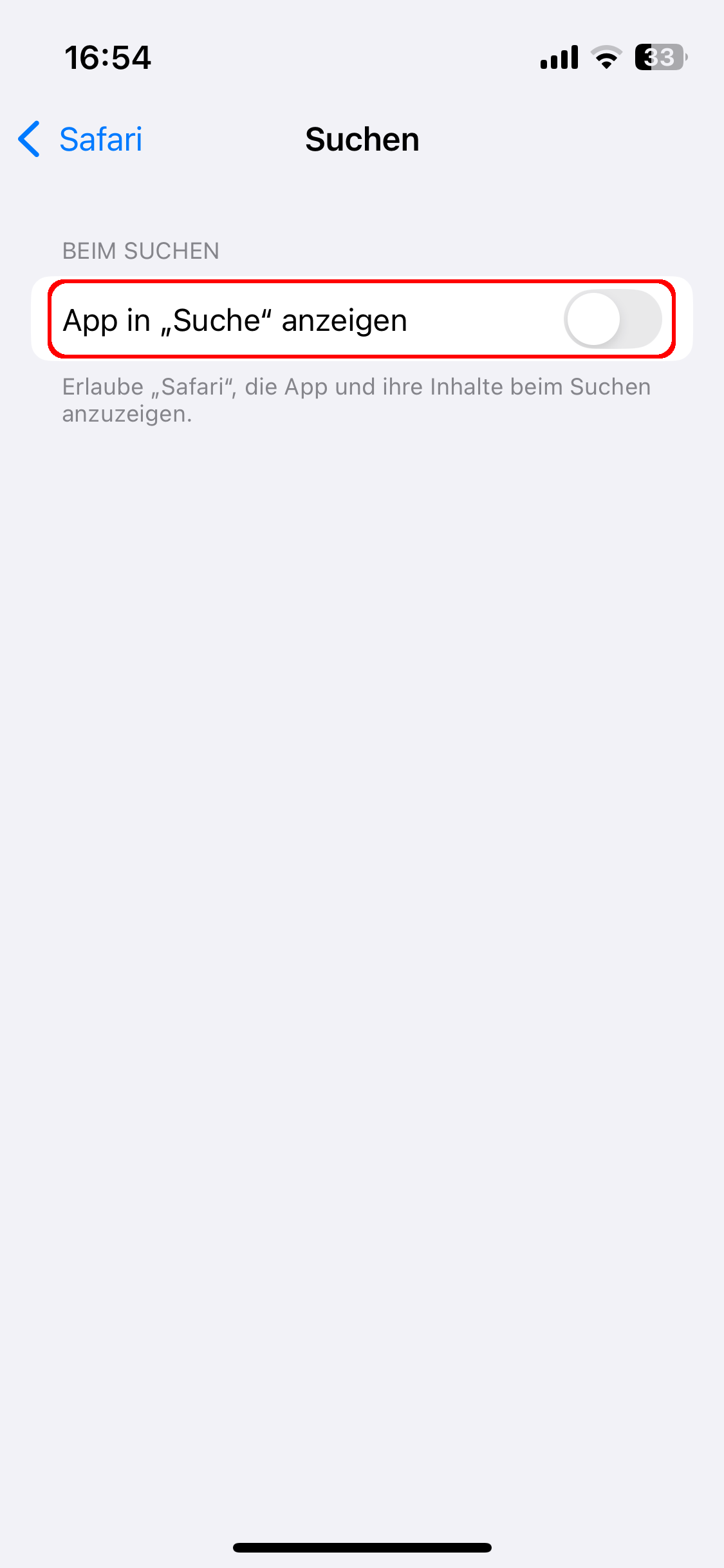 iOS-Einstellungen - Safari, Unterpunkt Suchen. Die Option 'App in der Suche anzeigen' ist rot umrandet.