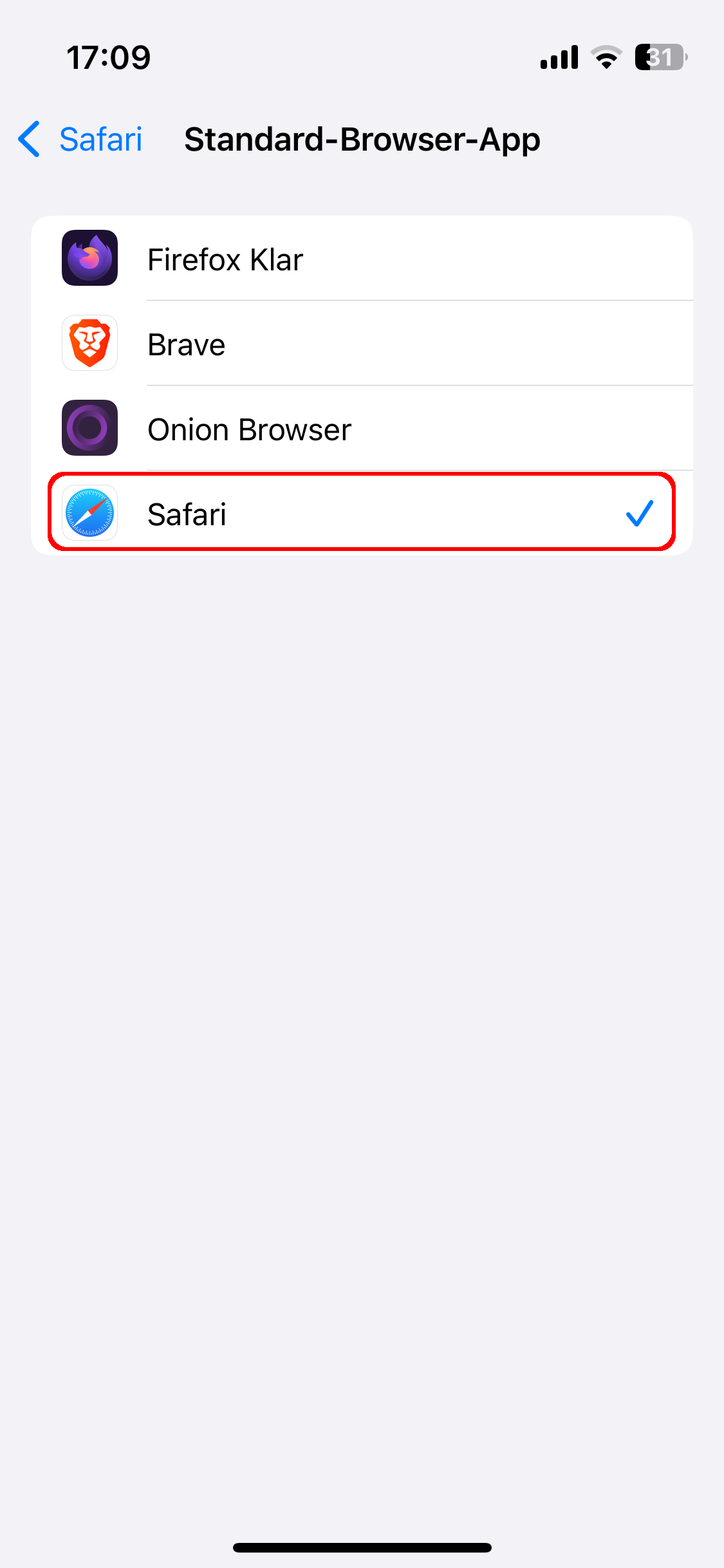 iOS-Einstellungen - Safari, Unterpunkt Standard-Browser-App. Die Option 'Safari' ist rot umrandet.