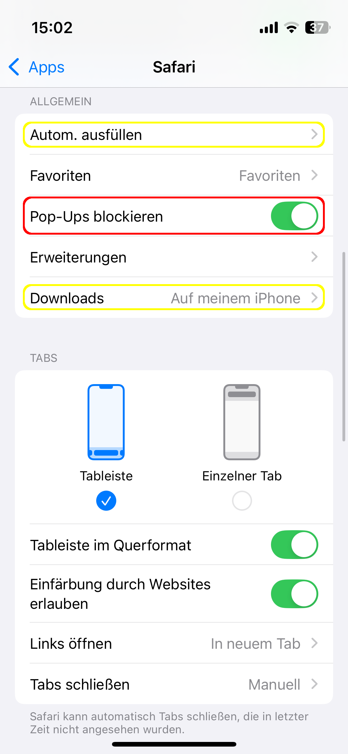 iOS-Einstellungen - Safari. Die Menüpunkte 'Autom. ausfüllen' und 'Downloads' sind gelb umrandet. Und die Option 'Pop-Ups blockieren' ist rot umrandet.