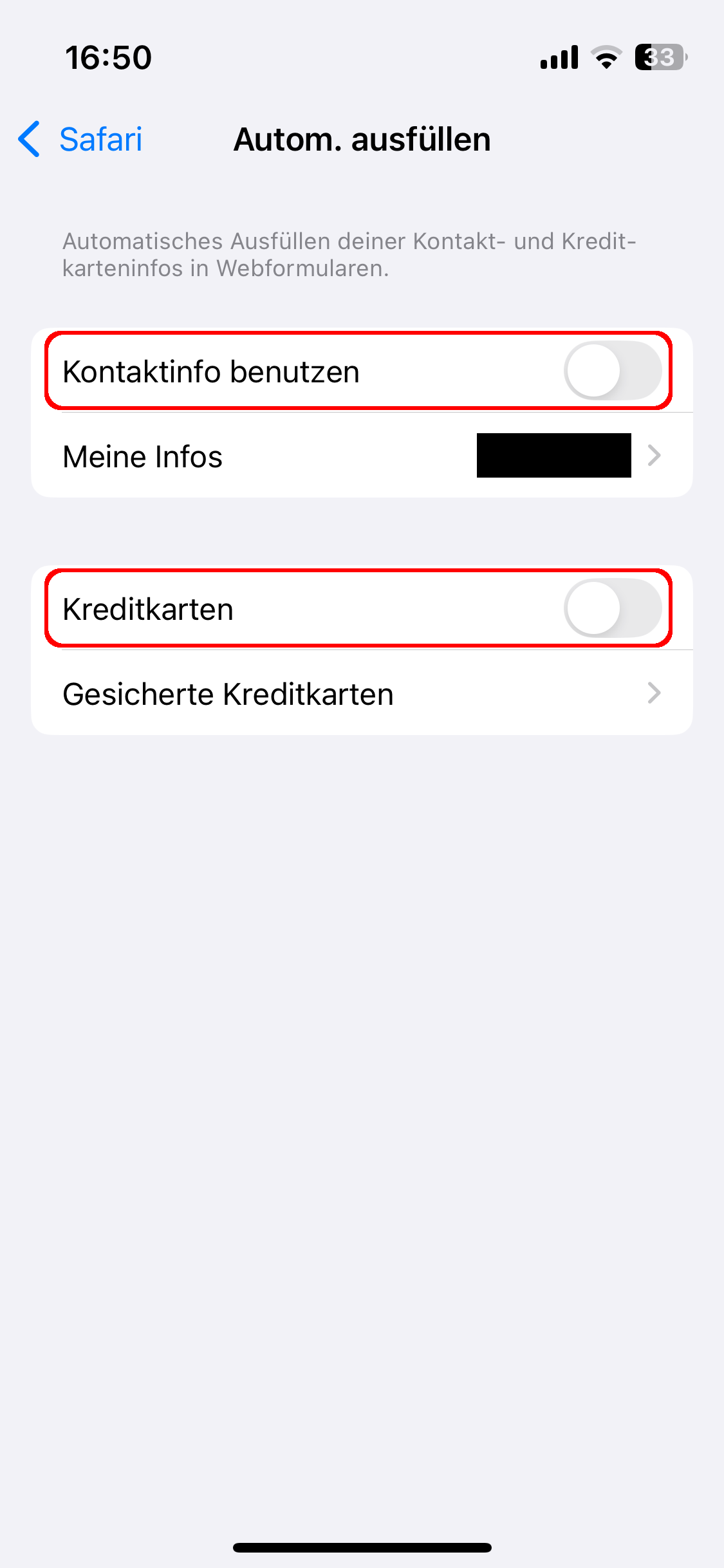 iOS-Einstellungen - Safari, Unterpunkt Autom. ausfüllen. Die Optionen 'Kontaktinfo benutzen' und 'Kreditkarten' sind rot umrandet.