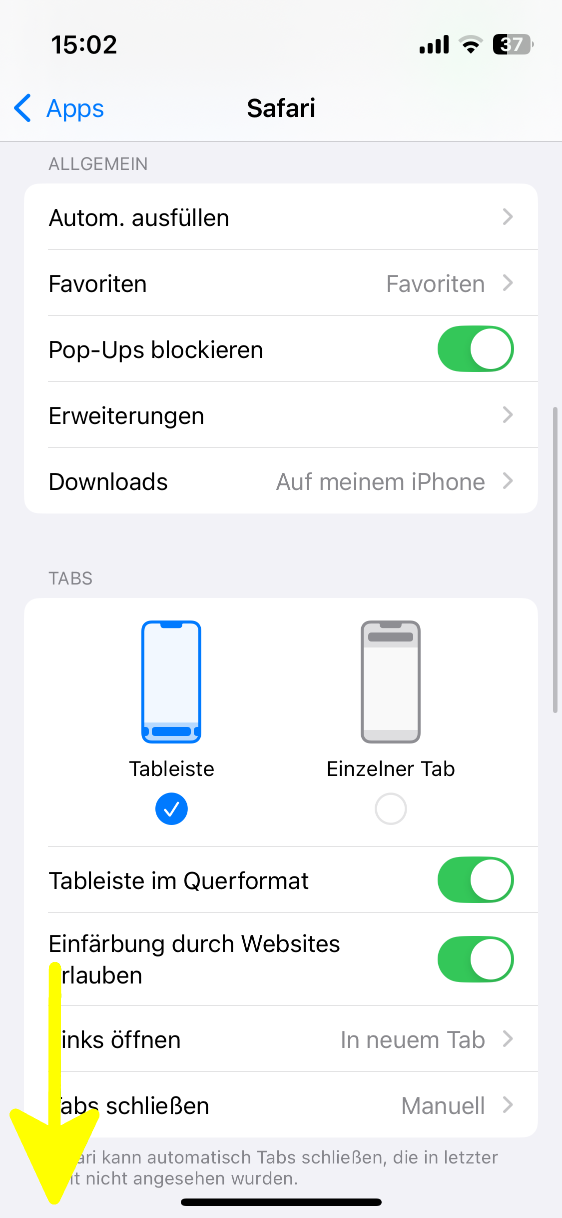 iOS-Einstellungen - Safari. Ein gelber, nach unten zeigender, Pfeil symbolisiert, dass nach unten gescrollt werden soll.