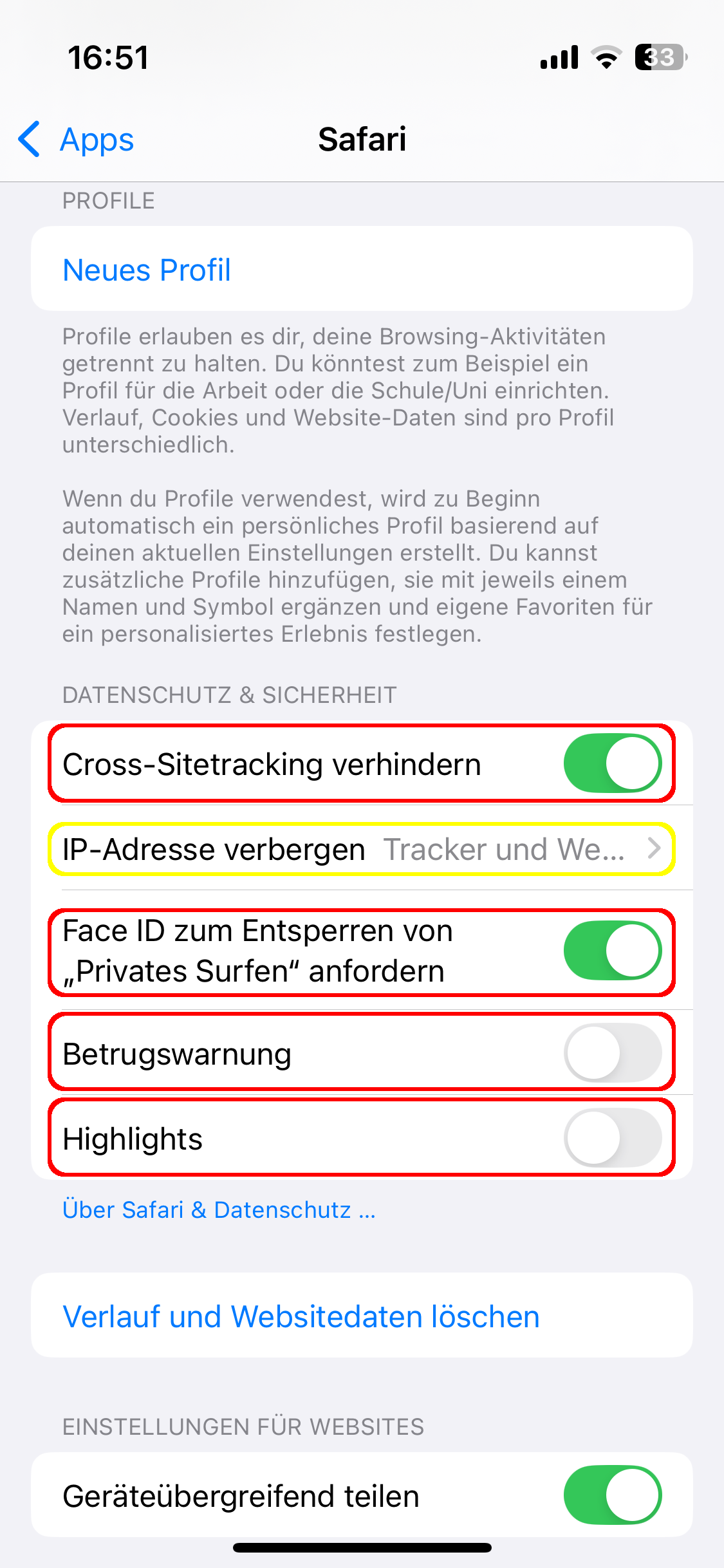 iOS-Einstellungen - Safari. Der Menüpunkt 'IP-Adresse verbergen' ist gelb umrandet. Und die Optionen 'Cross-Sitetracking verhindern', 'Face ID zum Entsperren von Privates Surfen anfordern', 'Betrugswarnung' und 'Highlights' sind rot umrandet.