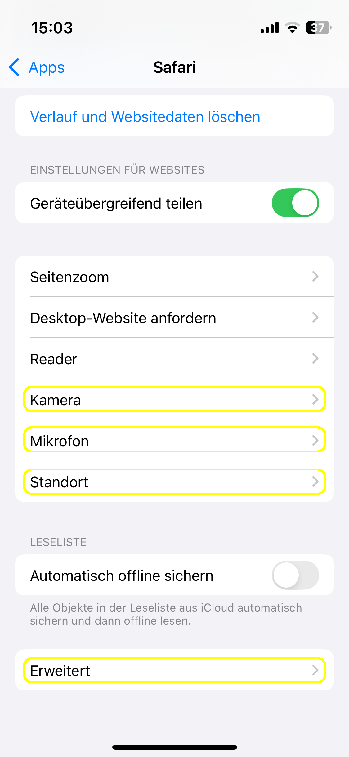 iOS-Einstellungen - Safari. Die Menüpunkte 'Kamera', 'Mikrofon', 'Standort' und 'Erweitert sind gelb umrandet.