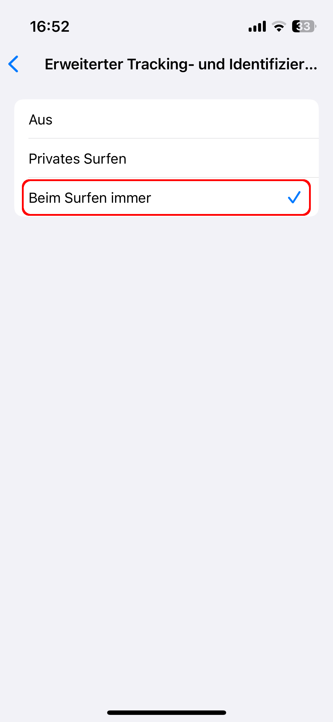 iOS-Einstellungen - Safari, Unterpunkt Erweitert unter Erweiterter Tracking- und Identifizierungsschutz. Die Option 'Beim Surfen immer' ist rot umrandet.