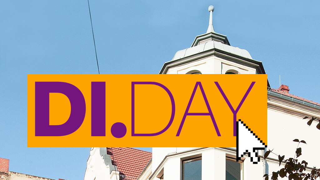 Lila Schriftzug 'DI.DAY' auf dunkelgelbem Grund. Darunter Foto eines in den hellblauen Himmel ragenden Eckturmes eines Stadthauses.